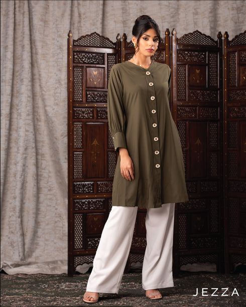 V-Neck Button Detail Knee-Length Top 62041